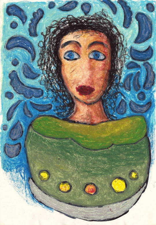 Pintura de busto femenino con ojos azules y vestido verde con botones amarillos, sobre fondo azul con formas de arabesco