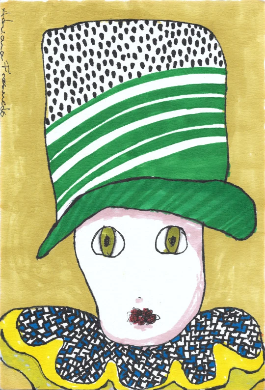 Retrato con sombrero de copa verde a rayas y cuello con estampado geométrico azul, sobre fondo dorado