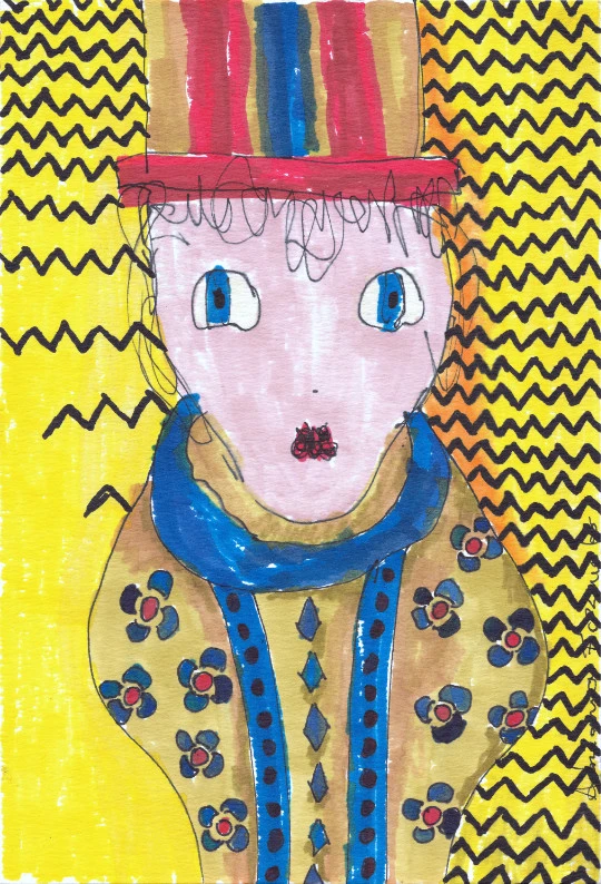 Retrato con sombrero a rayas multicolor y chaqueta floreada azul, sobre fondo amarillo con zigzag negro