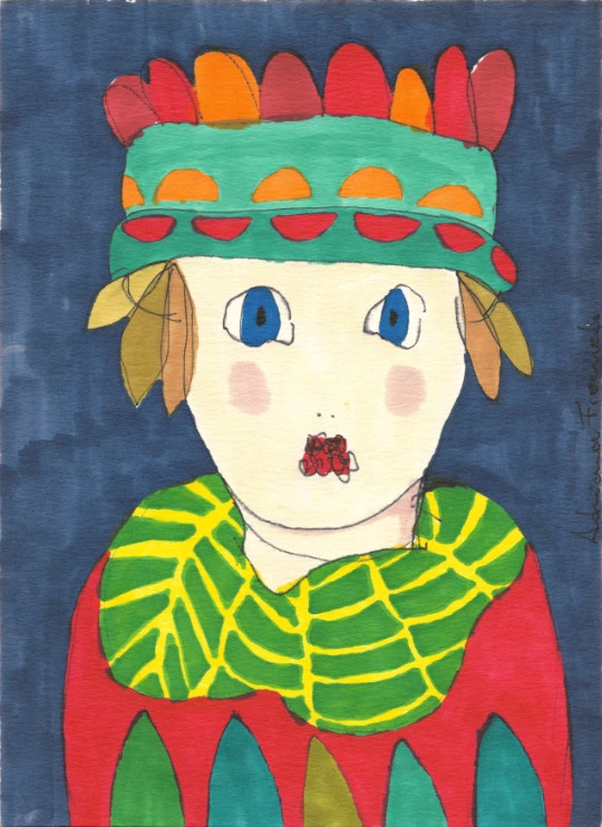 Retrato de figura con corona de plumas rojas y naranjas, cuello verde y amarillo sobre fondo azul profundo