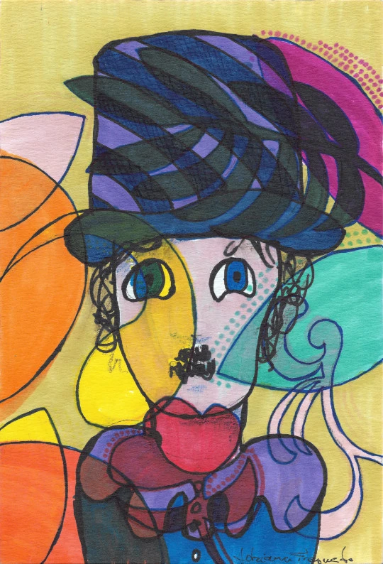 Retrato de figura con sombrero azul y negro superpuesto, rostro fragmentado en colores vivos sobre fondo dorado